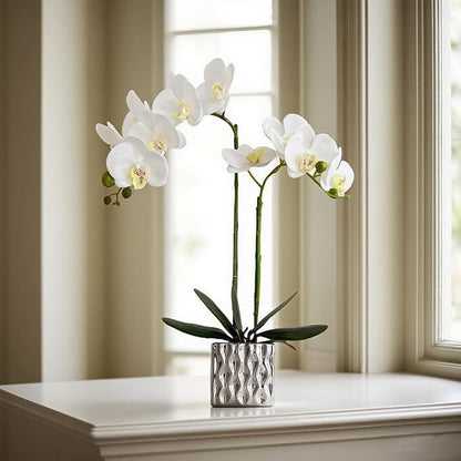 LISU Artificial Orchids, Silver Vases, Home Decoration Flower Arrangements, Fake Flowers in Vases. (C:White)