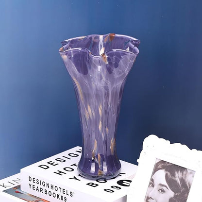 9.8" Tall Purple Hand Blown Glass Vases for Home Decor,Modern Wide Mouth Ruffle Flower Vase Table Centerpieces,Colored Coastal Sea Glass Art for Bookshelf,Bathroom,Counterto,Wedding