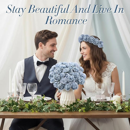 Thiccywoov 200 Pcs Flowers Long Stem Artificial Rose Bulk, 3.2 Inches Silk Rose Head Flowers Faux for Wedding Bridal Bouquet Independence Day Home Floral DIY Centerpieces Party Decoration(Dusty Blue)