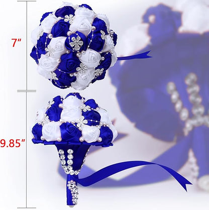 Handmade Wedding Flowers Bridal Bouquets Crystal Bride Holding Bouquet White Ivory Satin Roses with Diamond Pearl Ribbon.(bluewhite)