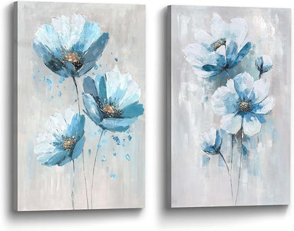 Flower Picture Canvas Wall Art: 2 Pieces Teal Floral Abstract Prints Artwork Vintage Turquoise Bouquet Botanical Painting for Bedroom Living Room Bathroom Home Office