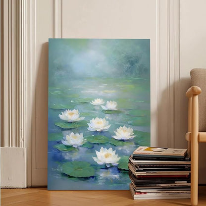 Zen wall art Delicate white lotus flower floating on calm water Vintage oil painting print Serene aquatic wall art creates a tranquil home decor 32x48in Frameless