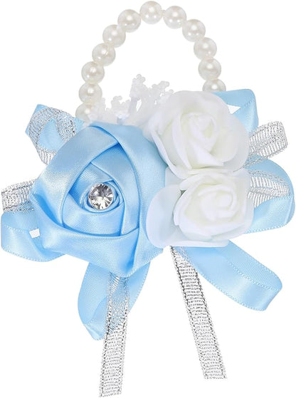 MECCANIXITY Wrist Corsage Artificial Flower Bracelets Rose Wrist Bride Groom Decorative for Wedding Ceremony Prom Party Anniversary Sky Blue