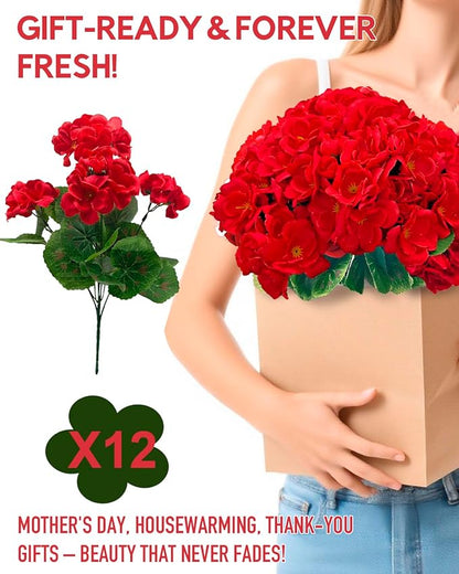 12 Bundles Geranium Christmas Artificial Flowers for Outdoors - UV Resistant Fake Flowers Outside for Planter Hanging Basket, Realistic Silk Faux Plants for Home Porch Garden Patio Décorations