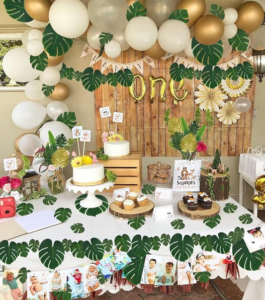 RECUTMS Artificial Tropical Palm Leaves 72Pcs 7 Kinds Green Gold Fake Monstera Leaf with Stem for Safari Jungle Hawaiian Luau Beach Baby Shower Wedding Birthday Party Table Summer Spring Decoration