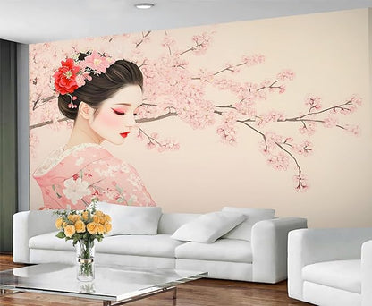 Japanese Cherry Blossom Wall Mural, Kimono Woman Geisha 3D Wall Murals, Oriental Beauty Wallpaper Mural, for Living Room Bedroom Large Wallpaper Indoor Decor 177.16" W x120 H