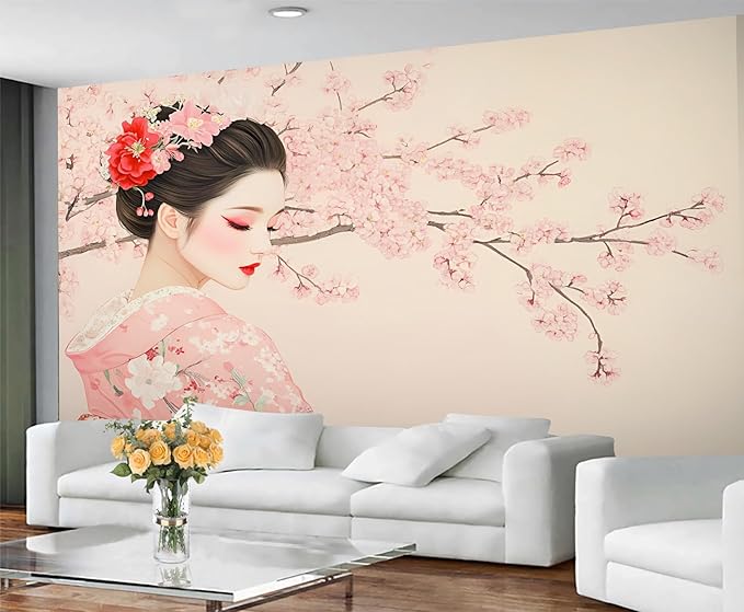 Japanese Cherry Blossom Wall Mural, Kimono Woman Geisha 3D Wall Murals, Oriental Beauty Wallpaper Mural, for Living Room Bedroom Large Wallpaper Indoor Decor 169.3" W x118.2 H
