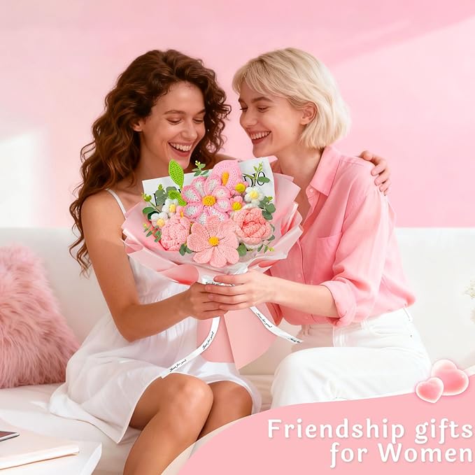 Crochet Flower Bouquet, Pink Knitted Flowers, Handmade Crochet Roses Calla Lily Gasang for Lover Anniversary Birthday Party Mother's Day Graduation Gifts (Pink)