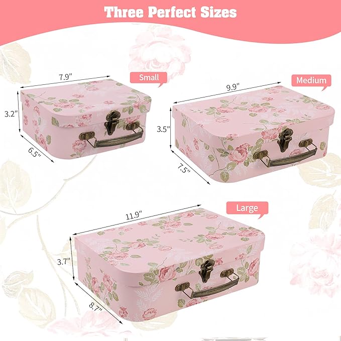 Set of 3 Paperboard Suitcases Storage Box Storage Gift Boxes With Lids for Photo Storage Home Decoration, Wedding, Birthday, Anniversary and New Year Gift Decoration (3Pcs, Pink Flowers)