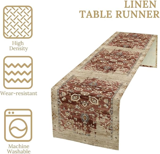 Vintage Persian Table Runner, Boho Ornate Medallion Rust Flower Oriental Style Table Runner for Kitchen Dining Indoor Outdoor Home Party Decor, 13x90 Inch