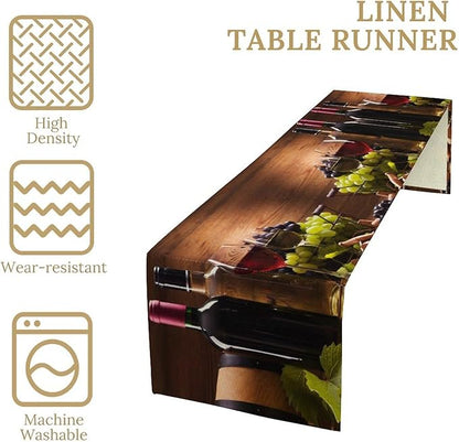 Red White Wine Table Runner Wine Glasses Grape Vintage Wooden Board Dinner Runner for Farmhouse Cabin Home Kitchen Dining Holiday Wedding Party Decor 13x60in