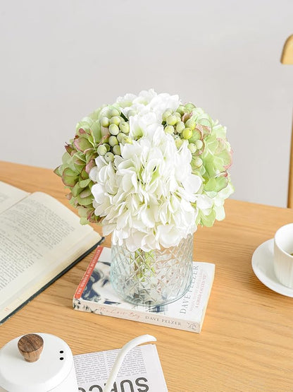 Wracra Hydrangeas Floral Arrangement in Glass Vase, Fake Flowers Silk Hydrangea Artificial Flowers with Vase for Home Office Decoration, Dining Table Centerpiece(Green)