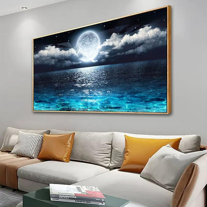 Canvas Wall Art for Living Room Bedroom Office Framed Ocean Beach Wall Art Paintings Pictures Artwork Moon Waves Blue Wall Decor 2.7cm Thick Frame, 20 * 40inch