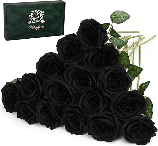 Waipfaru 16 Pcs Artificial Flowers Fake Silk Black Roses Bulk, Faux Real Touch Roses Bouquet with Long Stem for Wedding Party Home Decor (Black)