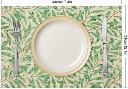 William Morris Vintage Botanical Placemats Set of 6, Retro Leaves Boho Plant Place Mats, Heat Resistant Non Slip Cotton Linen Dining Table Mats for Home Kitchen Party 18x12 Inch