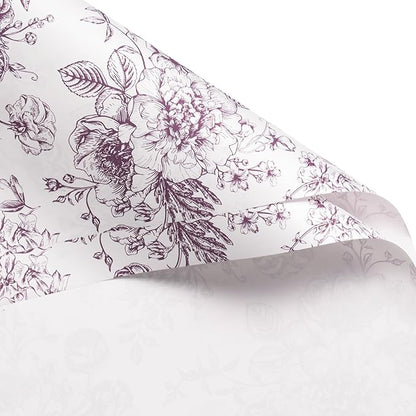 WRAPAHOLIC 20 Sheets Flower Wrapping Paper - 22.4 x 22.4 inch Dark Purple Vintage Floral Printed Water-Resistant Floral Bouquet Wrapping Paper, Florist Supplies Packaging for Wedding Birthday DIY