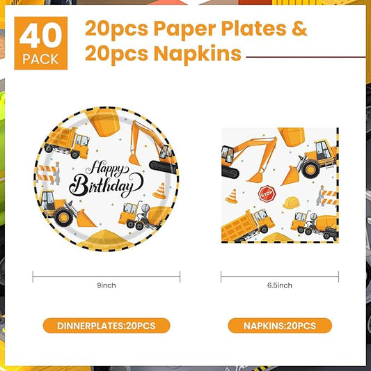 40 Pcs Construction Plates and Napkins Party Supplies, Construction Birthday Party Decorations Disposable Paper Plates and Napkins Tableware Set for Kids Boys Birthday Party Serves 20