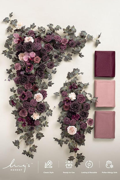Ling's moment Wedding Arch Flowers with Sheer Drapes Kit - Artificial Deep Plum Floral Arrangements for Ceremony Backdrop, Arbor Decor, 5-Piece Set (2 Flower Stems + 3 Hanging Drapes)