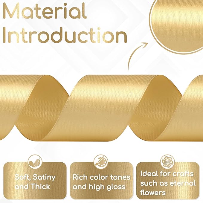 Champagne Gold Ribbon 2 Inch, 60 Yards Gold Satin Ribbon for Crafts, Gift Wrapping, Birthday Party, Flower Bouquet, Bows, Wedding and Festival Decor