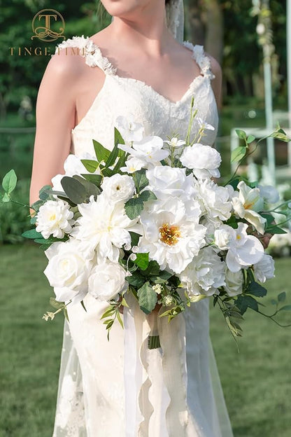 TINGE TIME 13 Inch Wedding Bouquets for Bride,Bridal Bouquet for Bride, Artificial Silk Flowers for Wedding Ceremony and Anniversary (IvoryWhite)