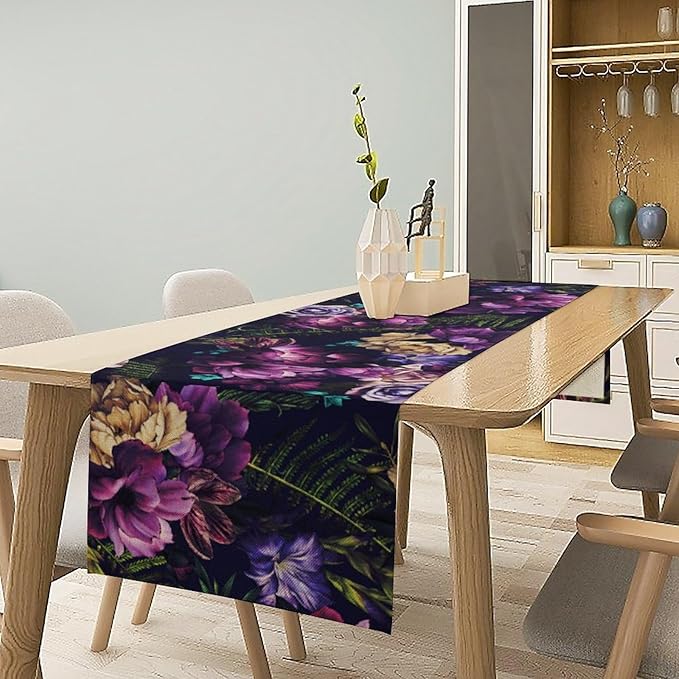 Gothic Flower Table Runner, Watercolor Vintage Dark Purple Floral Romantic Flower Blooming Table Runner for Home Kitchen Dining Table Decor, 13x108inch