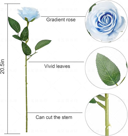 Flojery 10pcs Sky Blue Silk Roses Artificial Rose Flowers Long Stem for DIY Wedding Bouquet Table Centerpiece Home Décor