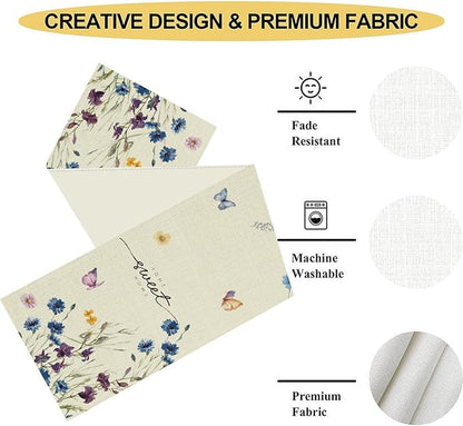 Blue Floral Table Runner, Spring Summer Watercolor Wildflower Butterfly Country Farmhouse Coffee Table Center Decor for Home Kitchen Dining Patio Holiday Party Table Decorations 13x90 inches