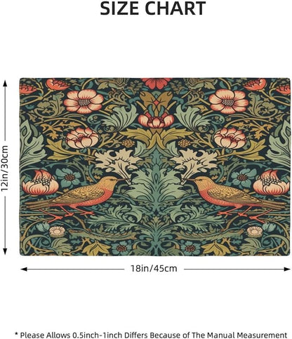 William Morris Placemats, Vintage Rustic Abstract Green Plants Flowers Nature Birds Print Washable Fabric Placemats Table Kitchen Dining Party 12x18 Inch Set of 6