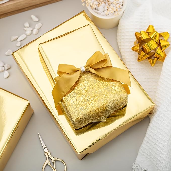 Merture Gold Wrapping Paper Roll - 17 In X 784.4 In (92.6 sqft) Metallic Gold Solid Color Gift Wrap with Grid Cutting Lines for Christmas, Wedding, Birthday, Valentines Day, Mothers Day, Baby Shower
