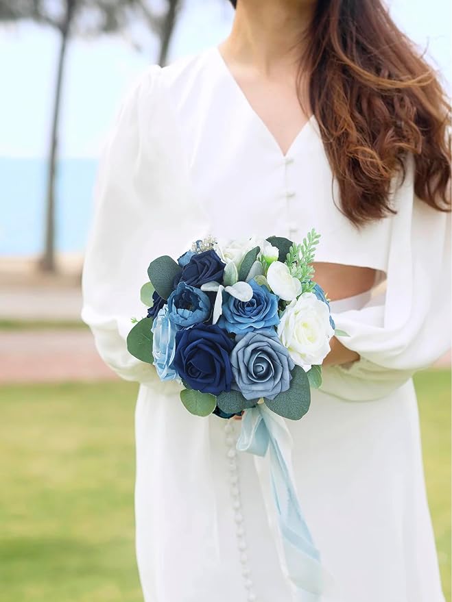 Rinlong 1Pc Navy Blue Bridesmaids Bridal Bouquet Artificial Wedding Bouquets for Bride Bridesmaid Silk Bouquet for Wedding Prom