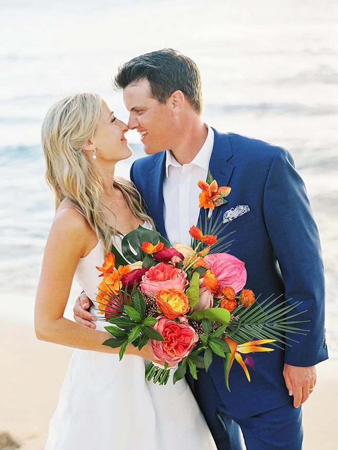 Rinlong 14.5" Wide Tropical Wedding Bouquets for Bride Orange Hot Pink Bridal Bouquet for Wedding Artificial Flowers Bouquets Beach Wedd
