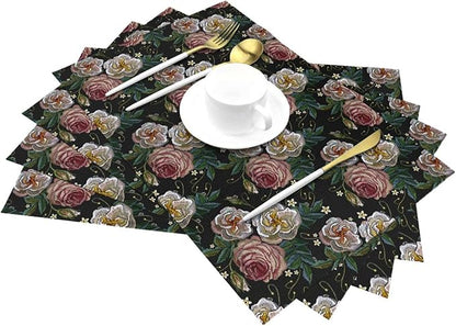 Placemats Set of 4 PVC Woven Place Mats Heat Resistant Easy to Clean for Indoor Outdoor Party Kitchen Dining Table Decoration 12"x18",Embroidered Rose Pattern