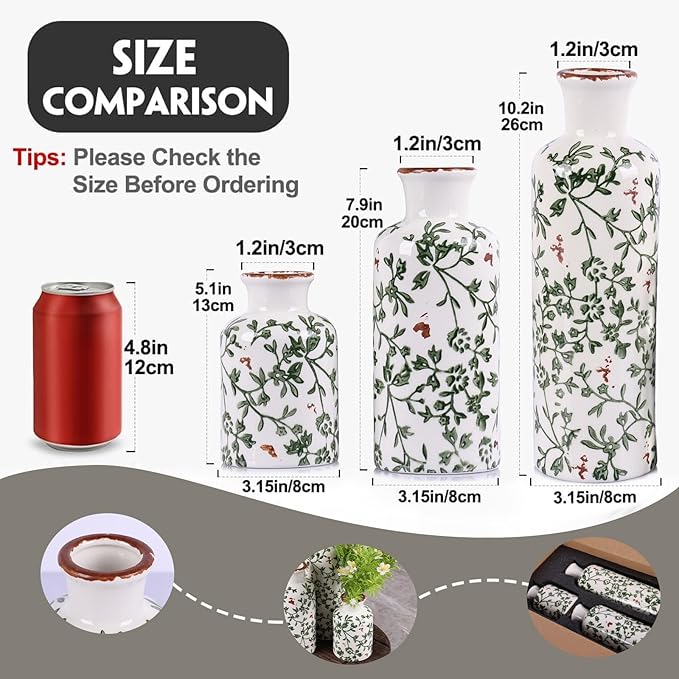 Ceramic Vase Set of 3 - Modern Chinoiserie Green Floral Decorative Vases for Home Decor, Rustic Farmhouse Boho Vases for Living Room, Mantel, Dining Table, Bookshelf, Kitchen or Entryway Decoration