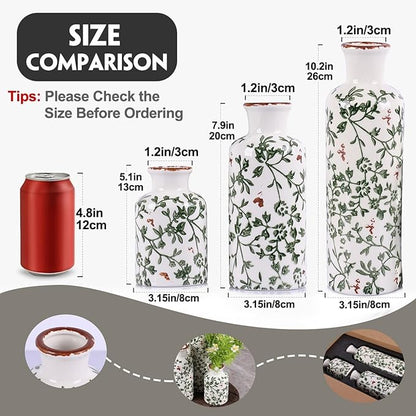 Ceramic Vase Set of 3 - Modern Chinoiserie Green Floral Decorative Vases for Home Decor, Rustic Farmhouse Boho Vases for Living Room, Mantel, Dining Table, Bookshelf, Kitchen or Entryway Decoration