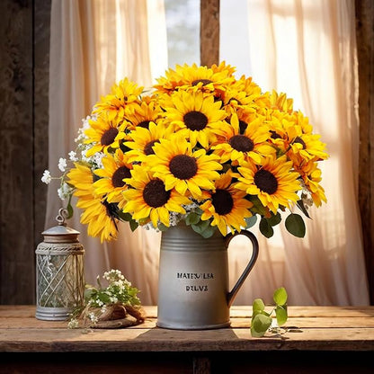 Sunflowers Artificial Flowers, 4 Bundles Fake Fall Flower UV Resistant Silk Sunflower for Vase Autumn Wedding Table Home Porch Patio Garden Indoor Outdoor Decor