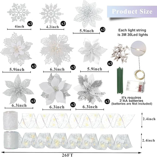 72 Pcs 9 Styles Christmas Glitter Poinsettia Flowers,Christmas White Glitter Artificial Poinsettia Flower Tree Ornaments for Xmas Wreaths Garland Floral Gift Winter Wedding Holiday Decoration(White)