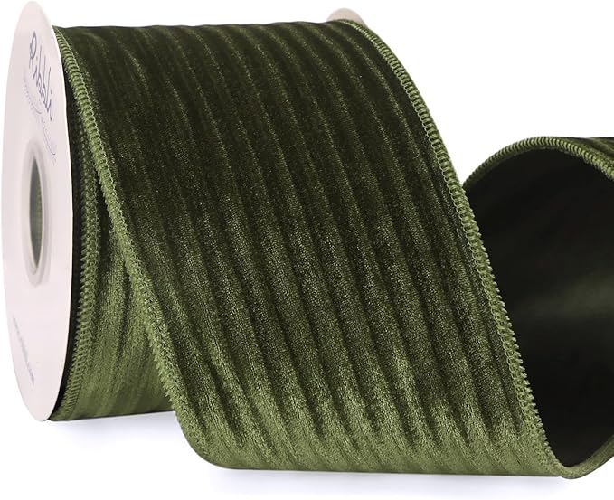 Ribbli Glossy Moss Green Velvet Wired Ribbon 4 Inch Striped Velvet Christmas Ribbon for Gift Wrapping Christmas Tree Decoration Crafts Wreaths Supplies-Continuous 10 Yards