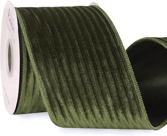 Ribbli Glossy Moss Green Velvet Wired Ribbon 4 Inch Striped Velvet Christmas Ribbon for Gift Wrapping Christmas Tree Decoration Crafts Wreaths Supplies-Continuous 10 Yards
