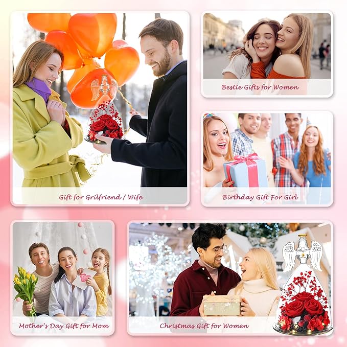 ANWEAO Gifts for Women Birthday Christmas Preserved Rose Forever Flower in Glass Angel Figurines Fresh Flowers for Delivery for Mom Real Colorful Roses for Grandma Wife Her from Daughter