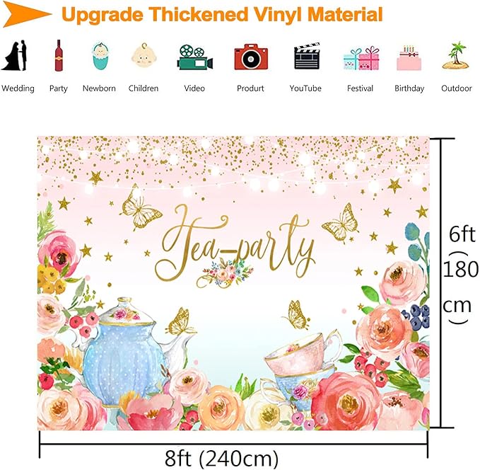 Pink Floral Tea Party Backdrop Glitter Gold Dots Butterfly Lets Partea Photography Background for Women Birthday Bridal Baby Shower Decorations Girls Wonderland Party Banner Photo Booth Supplies 8x6ft