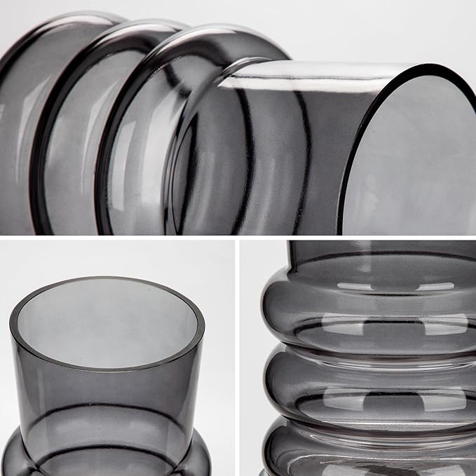 Grey Large Glass Vase for Flowers, 7" H x 4.7" W Flower Vases Decorative Wide Mouth Vase Vintage Glass Vases for Centerpieces Mantel Shelf Table Home Decor