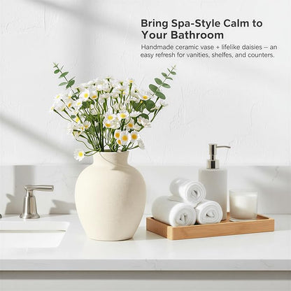 6-Inch Off-White Ceramic Flower Vase, Rustic Farmhouse Boho Pottery Centerpiece for Home Decor, Table, Living Room & Mantel