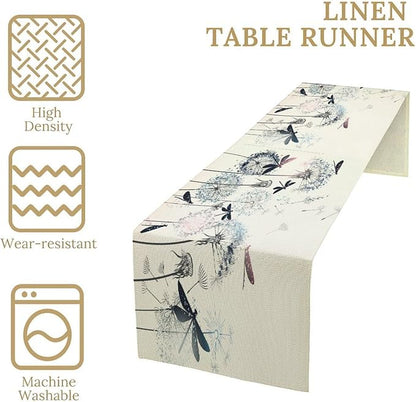 Dandelion Table Runner,Nature Rustic Dragonfly Teal Blue Floral Pattern Print Burlap Tablecloth for Hotel Indoors Outdoor Dining Room Kitchen Table Decor, 13x80in