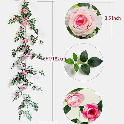 6FT Bendable Flower Garland, Artificial Rose Vine Hanging Floral Garland Decoration for Weding Home Room Wall Decor (Pink, 1pcs)