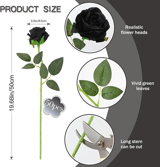 50PCS Artificial Silk Roses in Bulk & Bouquet Long Stem – Realistic Fake Roses for Wedding Centerpieces, Home Decor, Floral Arrangements, Party Decoration (Black)