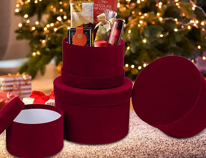 GnFlus Red Wine Gift Boxes for Presents Set of 4 Round Velvet Nesting Gifts Box for Arrangements Flowers Wedding Birthday Valentines Bridesmaid Christmas Party Anniversary