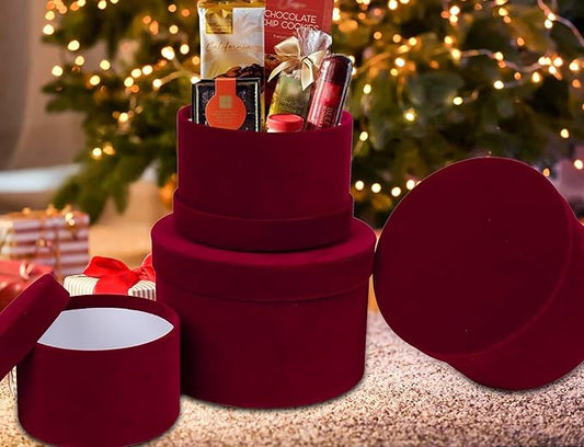 GnFlus Red Wine Gift Boxes for Presents Set of 4 Round Velvet Nesting Gifts Box for Arrangements Flowers Wedding Birthday Valentines Bridesmaid Christmas Party Anniversary