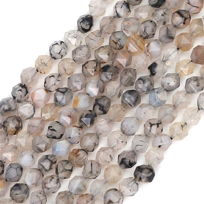 Faceted Natural Black Dragon Agate Stone Round Beads 8mm 36cm/Strand for Jewelry Making