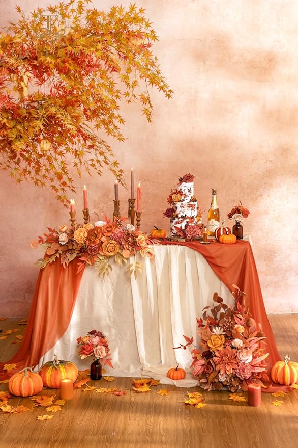 TINGE TIME Maple Red Flower Garlands, 2 PCS Artificial Eucalyptus Arch Flowers, Handcraft Artificial Rose Garlands for Arch Wedding Sweetheart Table Ceremony Backdrop Fall Decorations for Home