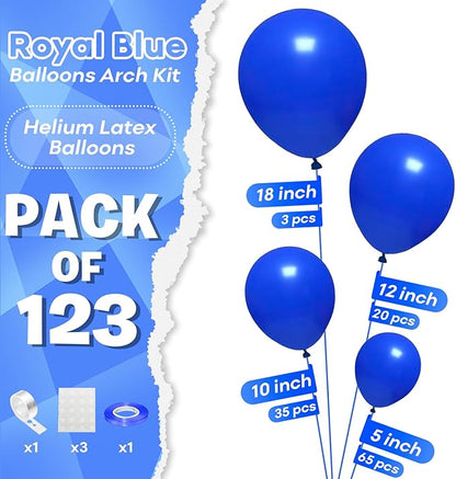 Togvu Royal Blue Balloons Different Sizes, 123 Packs Matte Blue Balloons, Pack of 18 12 10 5 Inch Premium Balloons Garland Arch Kit for Birthday Graduation Baseball Nautical Party Decorations